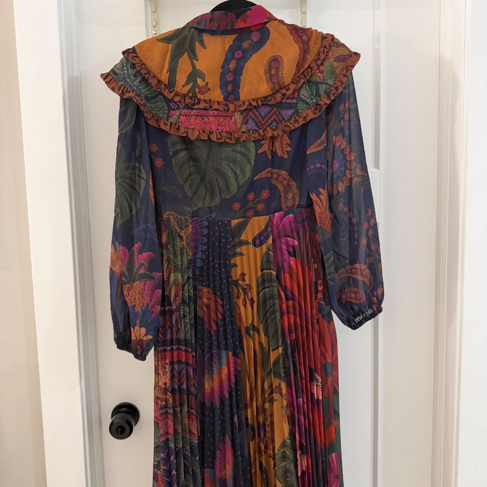 Farm Rio Mixed Print Pleated Maxi Dress Boho Colorful Maximalist Modest Vacay XS - Picture 6 of 8